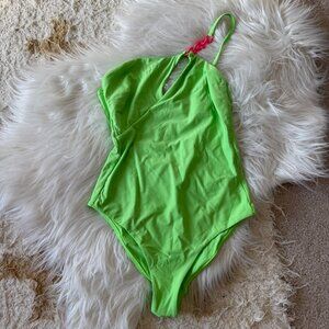 Red Carter One Piece One Shoulder Neon Green With Hot Pink Chain Swimsuit M